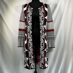 Chico's Black, White, Burgundy Open-Front Cardigan Sweater Duster Size 0.US 4/6